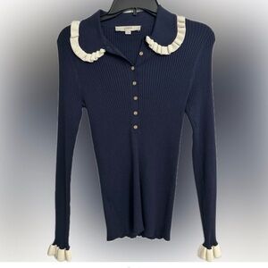 LOFT Navy Button Down Shirt with Cream Details and cute buttons